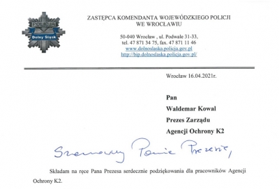Podziękowanie od KW Policji we Wrocławiu